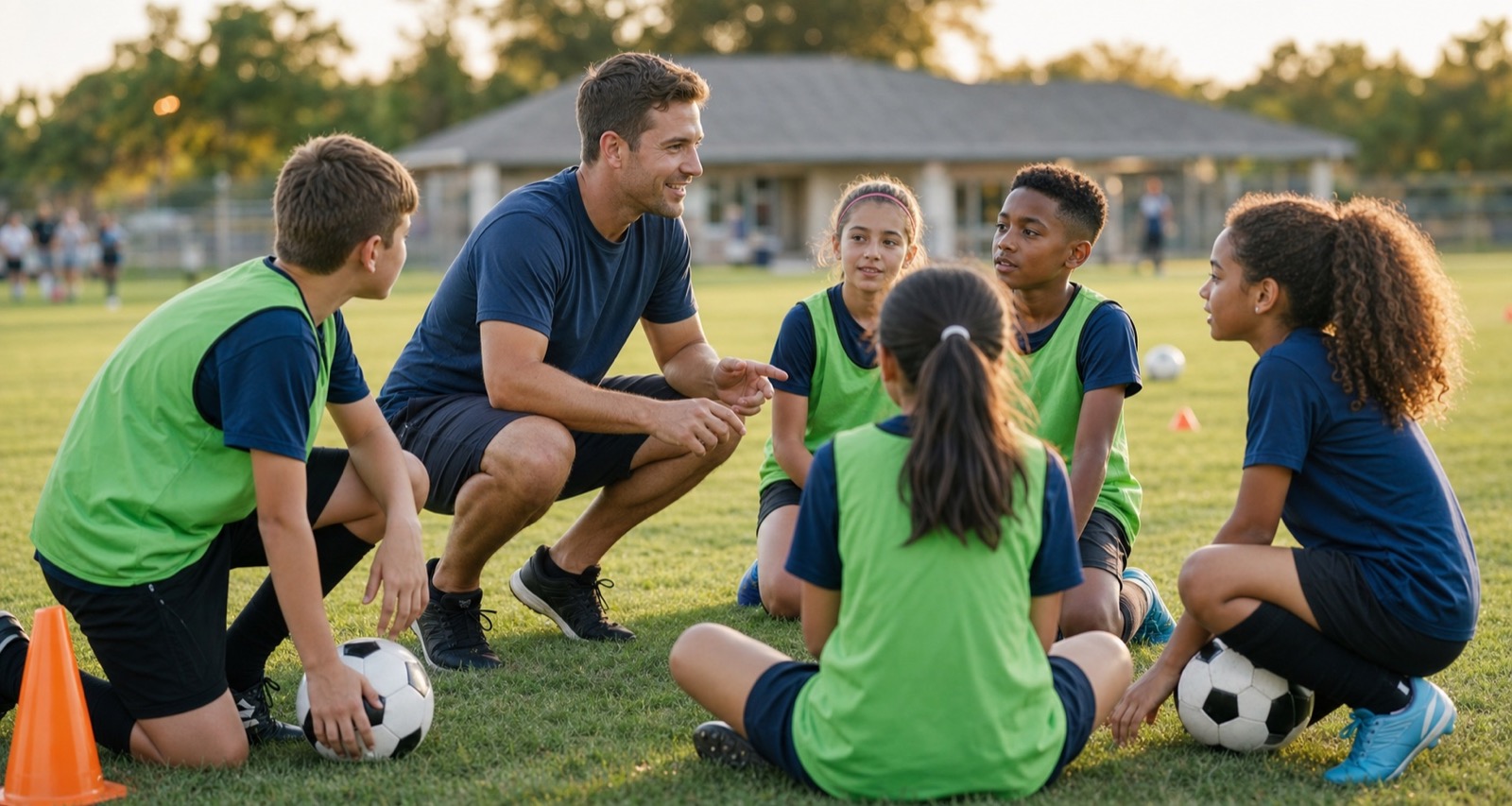A youth soccer coach talking with players during an outdoor practice